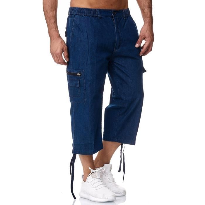 Short pour hommes Bermuda Taille élastiquée Pantacourt 7/8 longueur Cargaison [Bleu, XXXL]