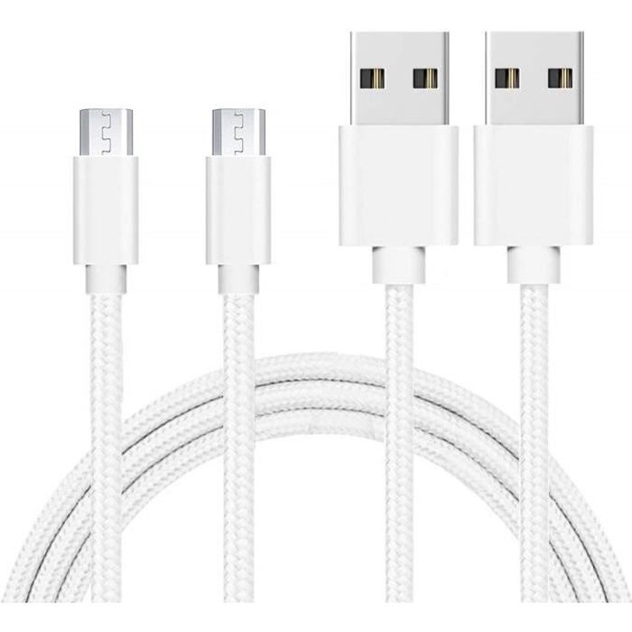 Lot 2 Cables pour Samsung Galaxy A10,A6-A7-J6 2018,A3-A5-J7-J5-J3 2016-2017,S7-Cable Micro USB Nylon Tressé Argent Blanc[Phonillico®
