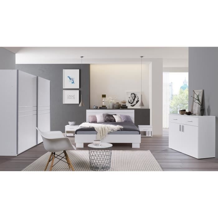 Chambre à coucher complète COMO. Lit 160X200 avec sommier, garde robe, chevets, commode. 200 Blanc