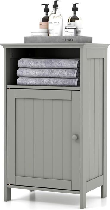 goplus meuble de rangement pour salle de bains, armoire de salle de bain avec 1 porte, armoire avec étagère réglable, gris