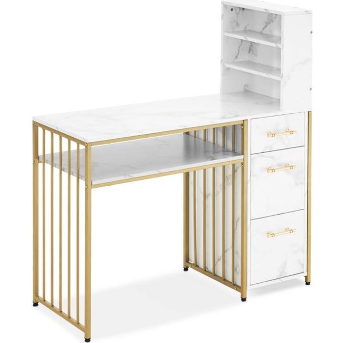 M MCombo 2420WG Bureau avec 3 tiroirs, table de manucure, en bois, structure métallique, blanc-or, moderne