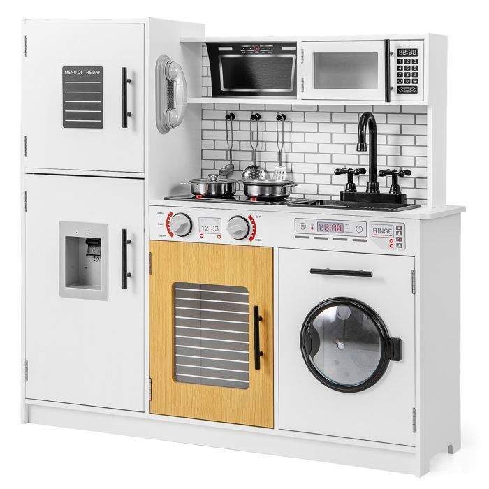 Cuisine Enfant COSTWAY-3+ Ans-Sons et Lumières-Accessoires Inclus-Espace de Rangement-Centre de Jeu Polyvalent-82 x 25 x 805 cm