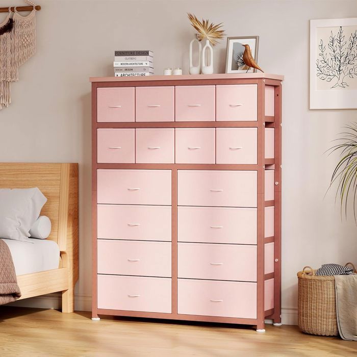 Commode de Chambre 16 Tiroirs - Armoire de Rangement Vêtements - 101x30x130 cm - Meuble Organisateur en Tissu et Acier - Rose