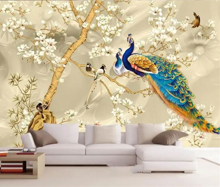 Papier Peint Panoramique 3D peint à la main oiseau dessin paon Magnolia ...