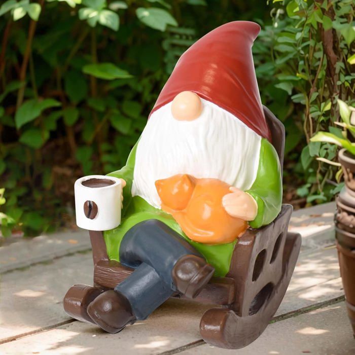Statue de Nain de Jardin Humour, Résine Boire du Café Rocking Chair GNOME Décoration de Jardin