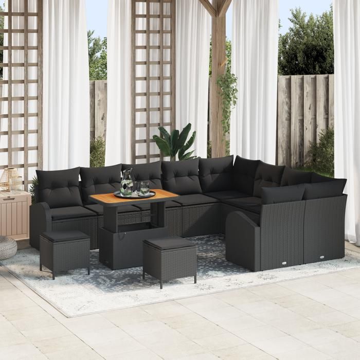 Ensemble de Canapé de Jardin 12 Pièces Noir Poly Rattan Acacia Canapé de Jardin 2 Places Noir Poly Rattan Ensemble de 3364384