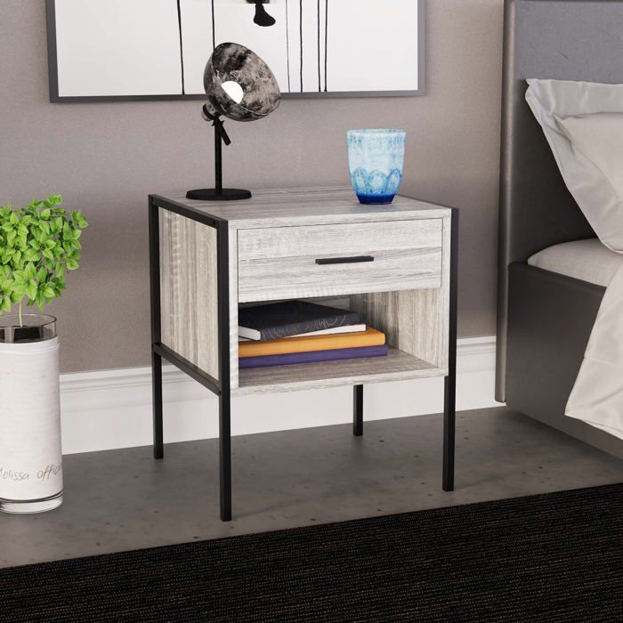 Table de chevet Brooklyn grise avec 1 tiroir – Meuble de chambre avec espace de rangement