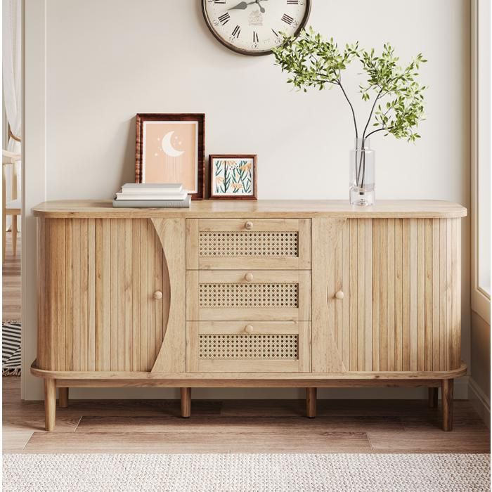 Buffet commode en rotin commode avec portes coulissantes étagères réglables et plateau arrondi