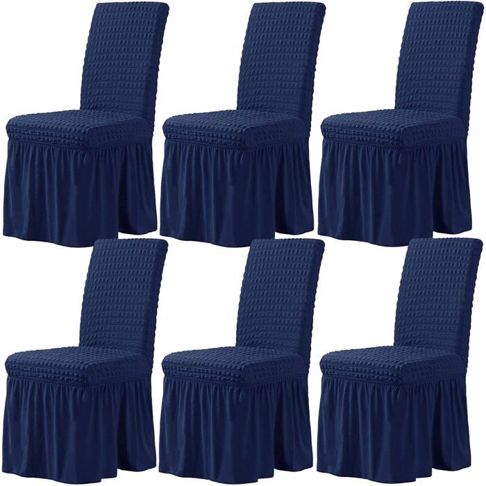 6PCS Élastique Seersucker Housse De Chaise De Salle à Manger avec Jupe 38cm pour Cérémonie De Mariage à Lhôtel Bleu Marine