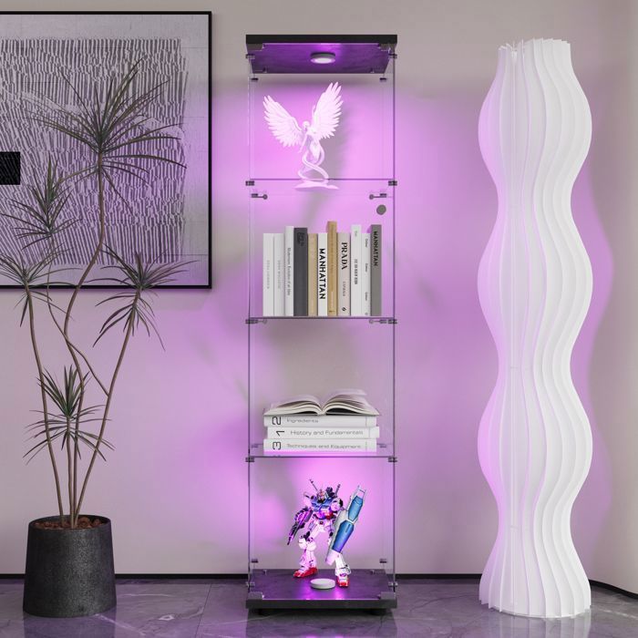 Vitrine en Verre - Vitrine avec Lumières LED - ADWOLT - 4 étagères et 1 porte - Verre Trempé - 42.5×36.5x164cm - Noir