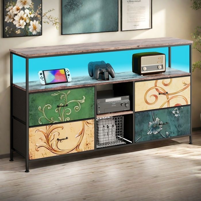 Meuble TV - Éclairage LED - 4 Tiroirs PU Coloré - Métal noir et tissu coloré - Meuble TV - 108x30x78cm