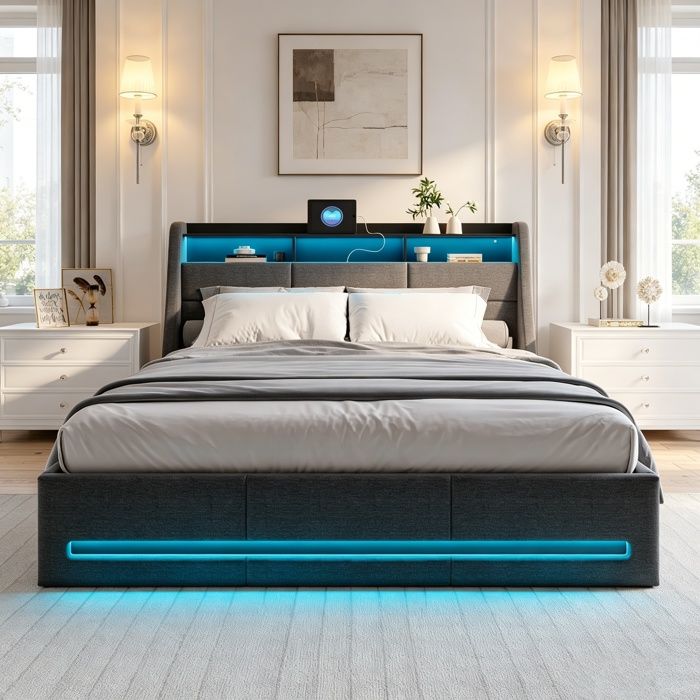 Lit Coffre 160x200 cm avec Sommier à Lattes Tête de Lit Double avec LED et USB Lit capitonné 2 Personnes Lin Gris