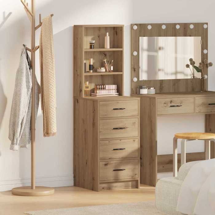 Buffet haut chêne artisanal style contemporain en bois dingénierie 40x41x135 cm avec tiroirs rangement pour salle à manger