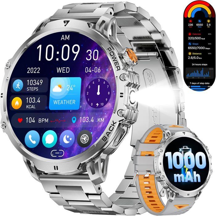 Montre Connectée Homme 1000 Mah Batterie/1.85 Hd Grand Écran Smartwatch Avec Led Lampe Ip68 Étanche Montre Fitness Avec 24/7[S107]