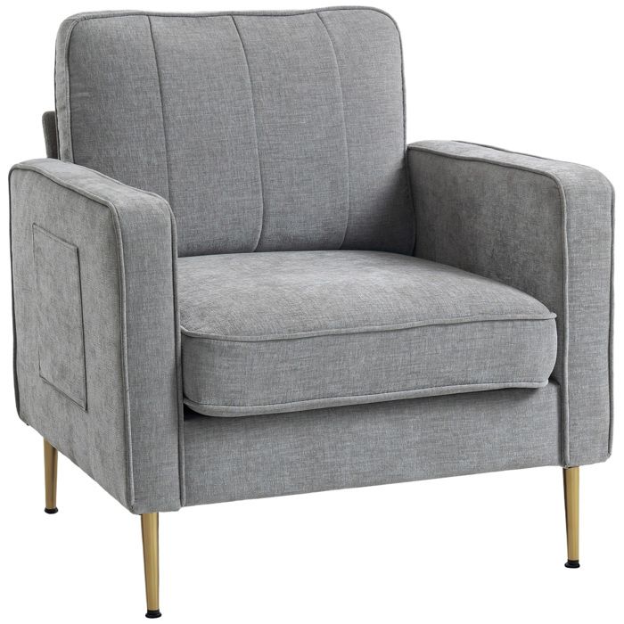 Canapé 1 place - HOMCOM - fauteuil pieds acier doré grand confort pochettes latérales salon - tissu - gris