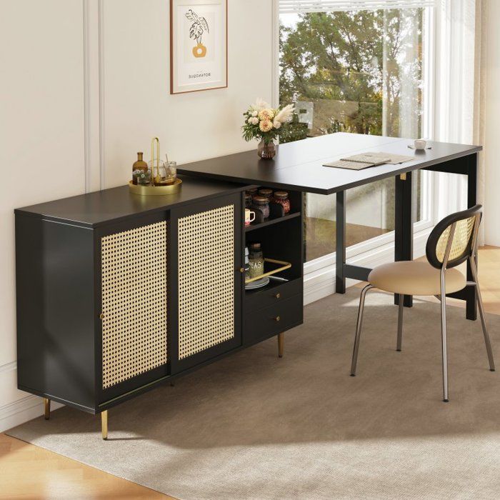 Table haute pivotante à 360° (Dimensions : 107 x 40 x 71 4 cm) avec placard intégré à portes en rotin et étagère ouverte noire