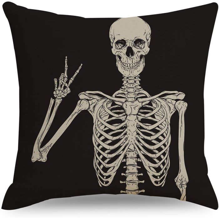 Housse de coussin décorative en lin noir avec motif tête de mort - Pour canapé lit voiture chaise salon - 45 x 45 cm
