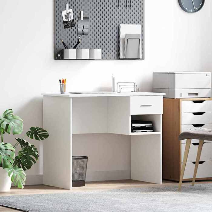 Bureau avec tiroir - CLARENCE - Blanc - 90 x 49 x 75 cm - Bois dingénierie - 1 étagère - Poignées en aluminium