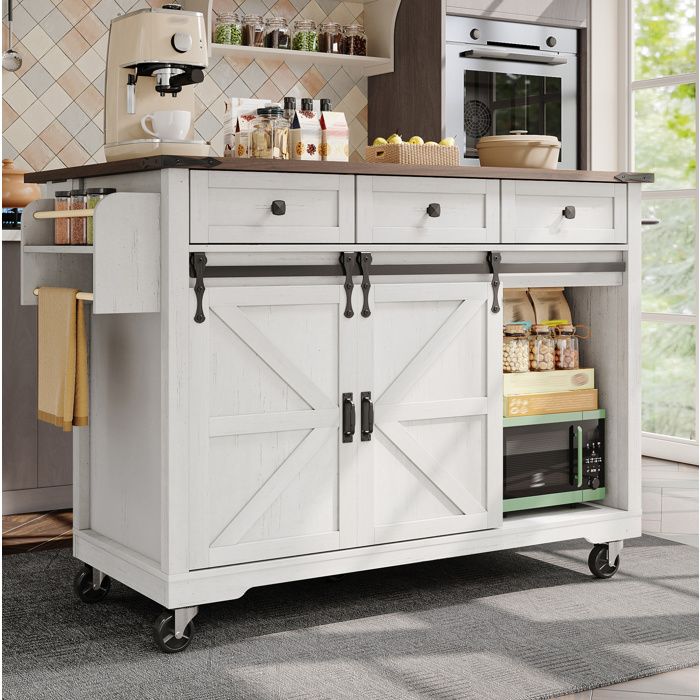 Chariot de cuisine Maisentiel beige MDF 140x45x94 cm avec plateau rabattable 3 tiroirs et roulettes