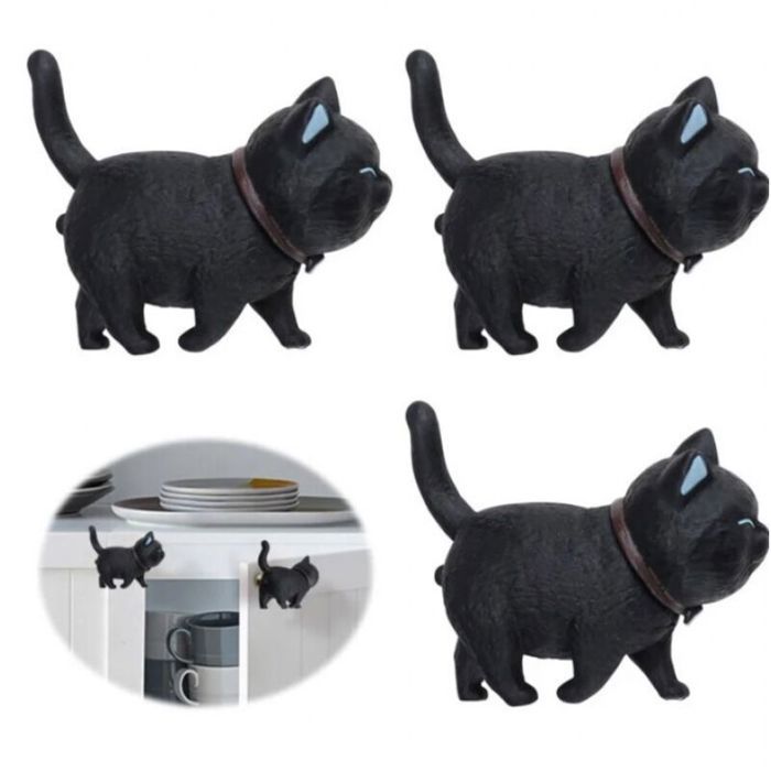 Poignée de porte en forme de chat poignée de meuble caoutchouc souple PVC tête de chat noir rotative 3 pièces