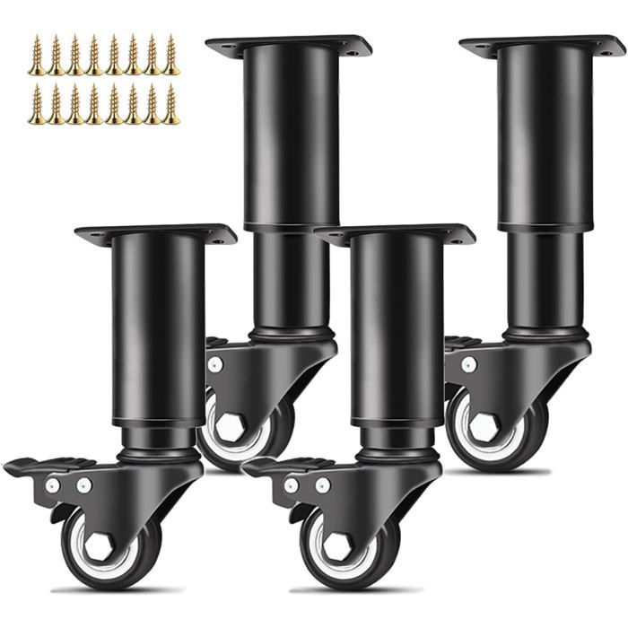Pieds de meuble - EVIRON - Modèle réglable - Hauteur 14-16 cm - Roulettes pivotantes - Freins