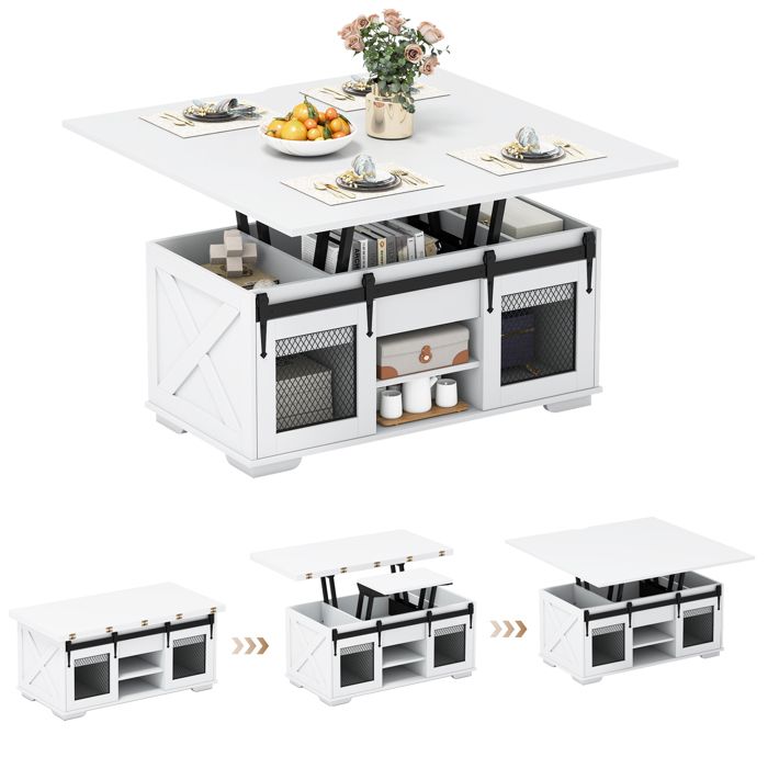 3 en 1 Table Basse avec Plateau Relevable COSTWAY 2 Portes Étagères Ouvertes Rangement Caché Table Convertible de Salon Blanc