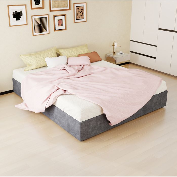 MEUBLIV Lit coffre lit adulte 160x200 cm avec sommier à lattes structure métal tissu velours gris sans matelas ni tête de lit
