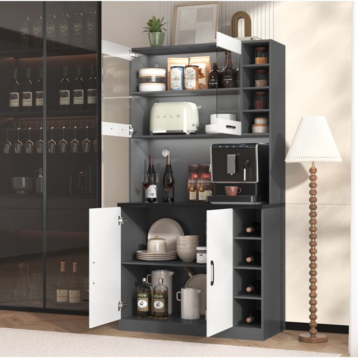 Buffet haut Armoire de cuisine 100x47x187 cm avec LED compartiment micro-ondes et trous passe-câbles MDF blanc/gris