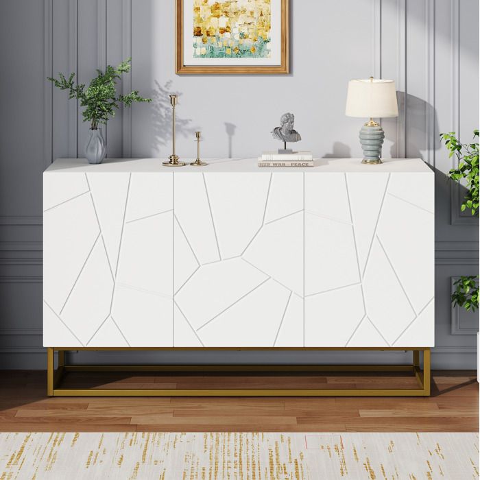 Buffet de cuisine blanc 3 portes avec étagères réglables meuble de rangement dentrée de salon pieds dorés 130×36×76 cm