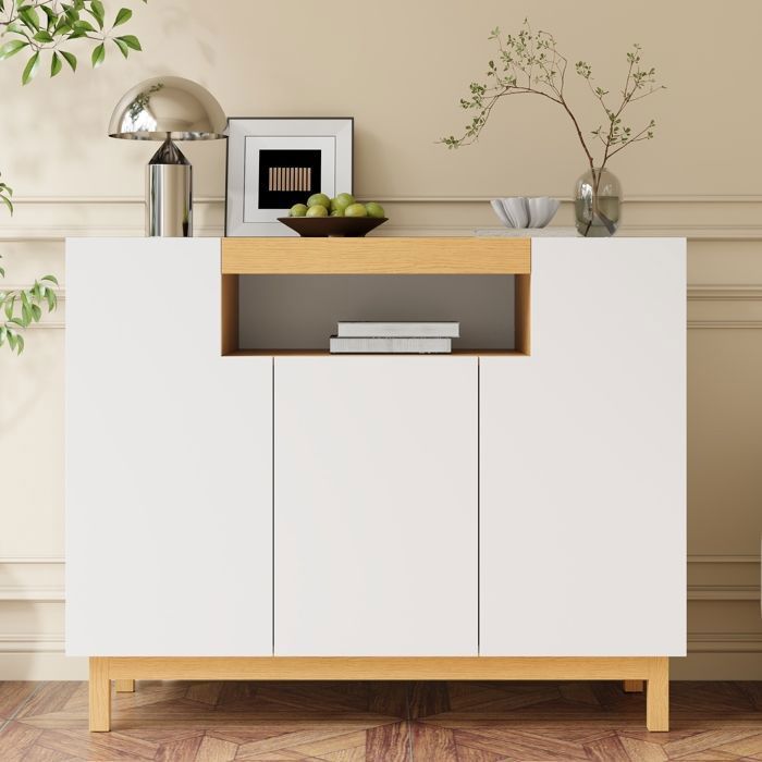 Buffet - 120 cm - Blanc et Bois - avec 3 Portes avec Niche Ouverte - Meuble de Rangement Salon Salle à Manger
