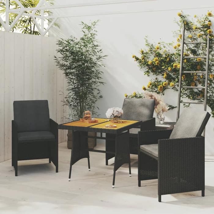 1pc Noir Meuble de balcon 2/4 PERSONNES - Table de jardin Magnifique - Noir 70x70x72cm Résine tressée et acacia CL2059787