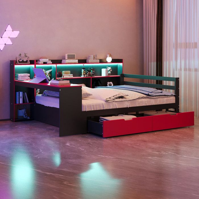 Canapé-Lit 140x200 cm avec LED et Prises éLectriques Lit Double avec Bureau et Tiroirs Lit 2 Personnes Coloris Noir et Rouge