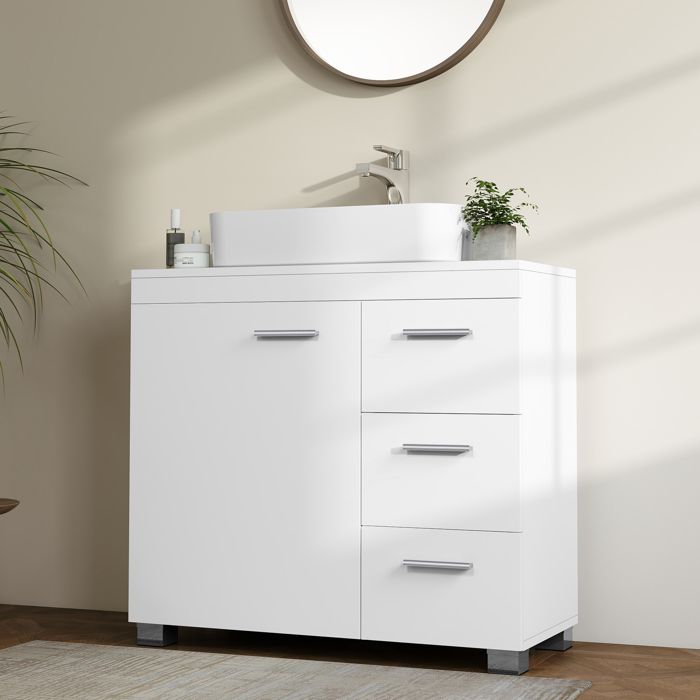 Meuble sous Lavabo 3 Grands Tiroirs Placard sous Vasque 2 Compartiments Derrière la Porte 30 x 70 x 64 cm Blanc