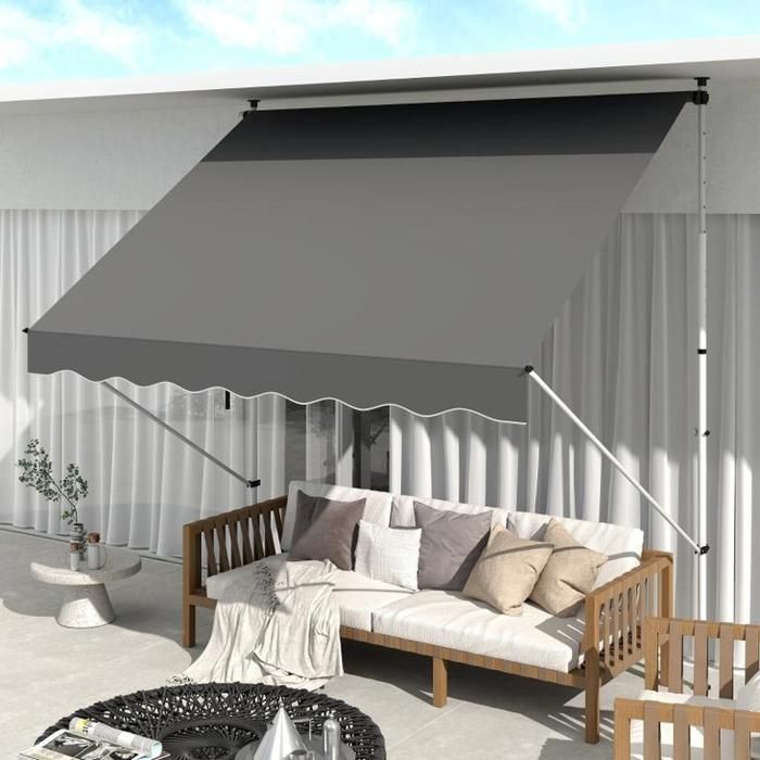 Store banne autoportant 300 x 150 cm avec manivelle coupe-vent en aluminium gris