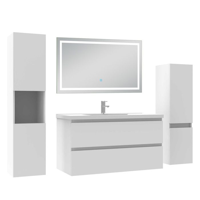 AICA Meuble de salle de bain 99 cm blanc mat avec Lavabo 2 colonnes miroir LED 6000K dimmable fonction mémoire