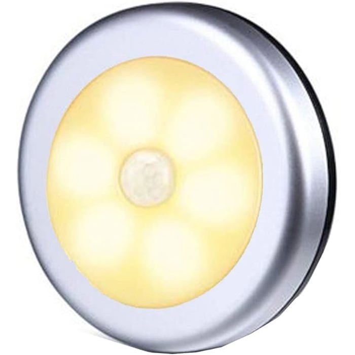 Veilleuse LED détection - Lot 6 magnétique ronde argentée - Blanc chaud NORVYN