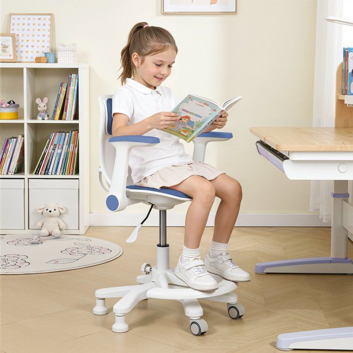 Chaise de bureau ergonomique pour enfant avec repose-pieds - CREMLANK - 35X42X88CM - Hauteur dassise réglable - BLEU - 360°