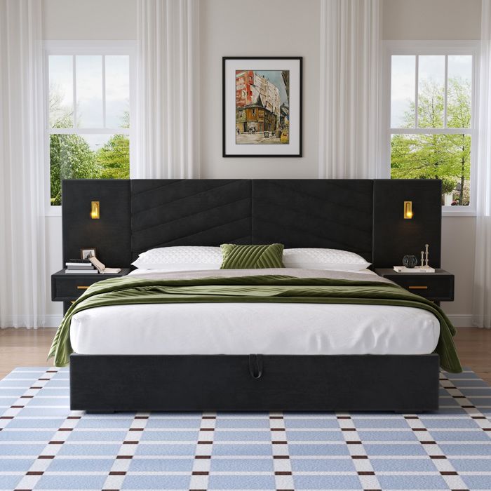 Lit Coffre 180x200 cm - FloraGrace avec Levage à Gaz 2 Tables de Chevet et Sommier à Lattes sans Matelas - Noir