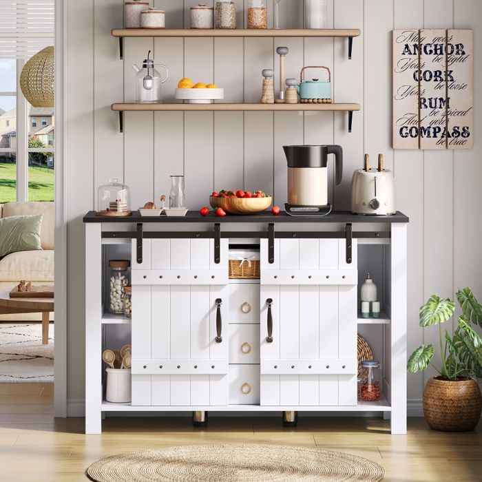 meuble buffet rangement portes coulissantes 120 cm 3 tiroirs en MDF blanc style rustique cuisine salon EVRYAE