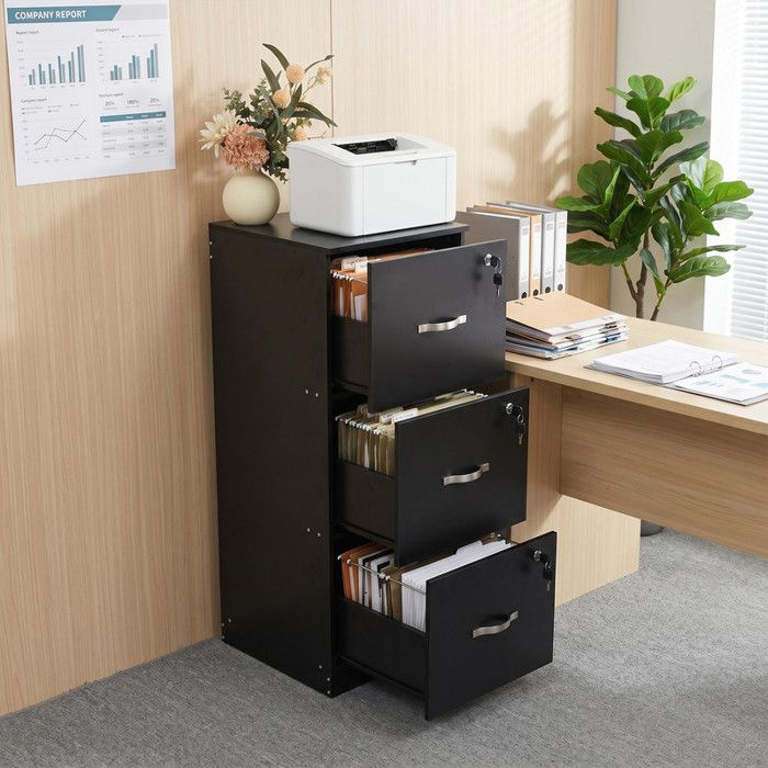 Meuble de bureau à roulettes avec 3 tiroirs - 2 compartiments ouverts - armoire de bureau - armoire à dossiers suspendus - Noir