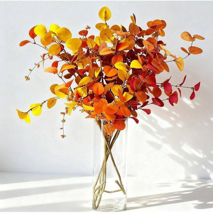 Branche deucalyptus artificielle - JADEUNM - Lot 5 - 70 cm - teintes automnales orange/jaune - citrouilles mousse et baies