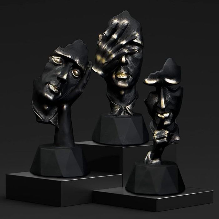 Lot de 3 Sculptures décoratives et Modernes en Noir Sculptures de penseurs Silence est doré ne Rien Entendre dire Noir