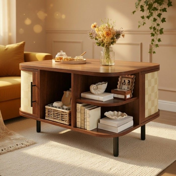 CollaHausse Table Basse Ronde Incurvée Tressée MDF Métal Rangement Salon
