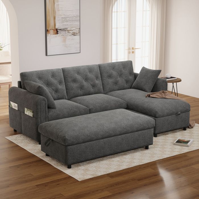 Canapé d’angle convertible 3 places en velours gris avec chaise longue réversible pouf coffre et rangement