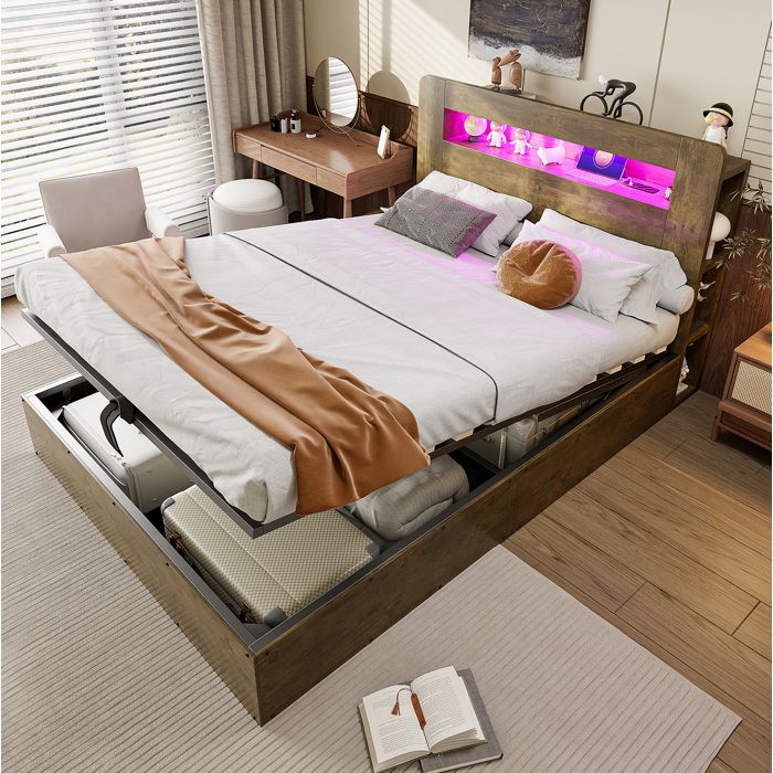 Lit coffre 140 x 200 cm en bois vintage avec LED tête de lit avec rangement et prises intégrées