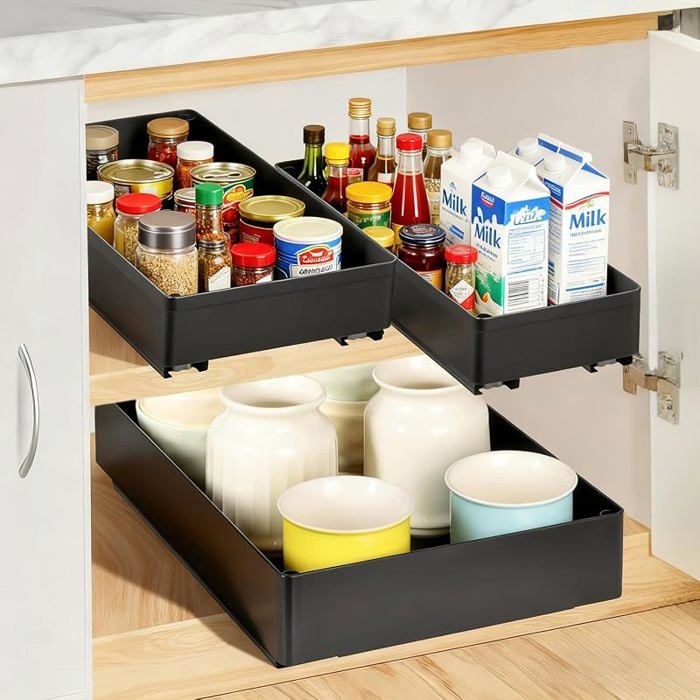 Organisateur de Tiroir Coulissant Cuisine avec Glissières Silencieuses 3 Tailles (13/18/27x40x7 cm) 3 pièces Noir