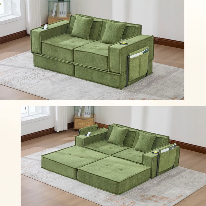 DESVIAE Canapé convertible 2 places modulable en chenille verte avec 2 coussins poches latérales et porte-gobelets