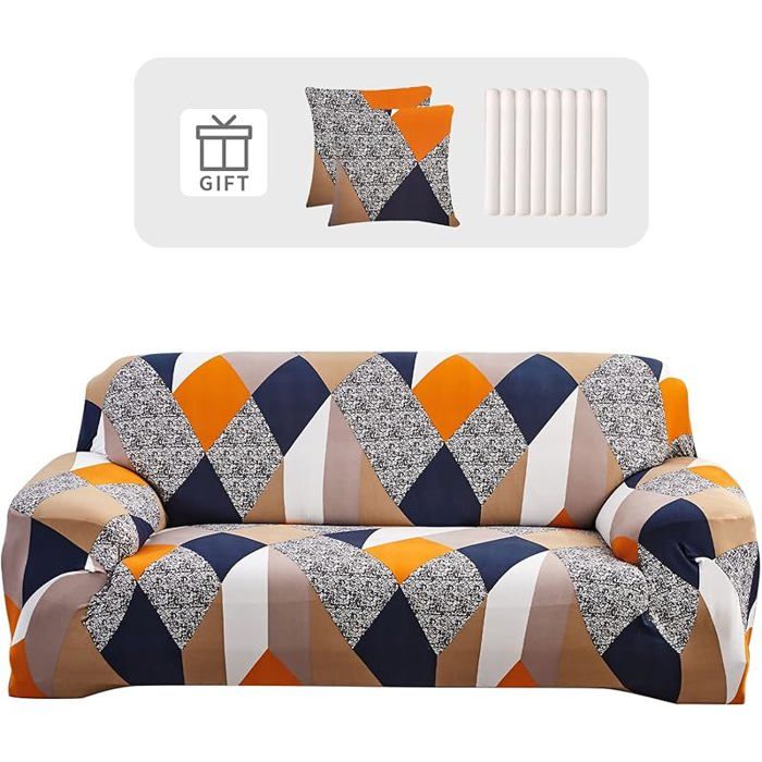 Housse canapé 4pièces géométrie orange extensible accoudoir 2taies