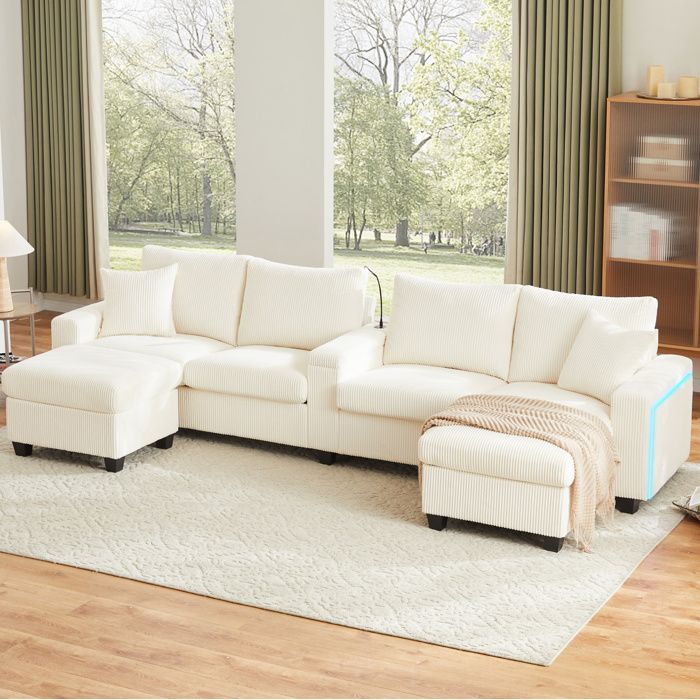 Canapé Panoramique en U avec 2 Poufs LED Rangement USB et Lampe de Lecture - ELVMI - velours côtelé beige 334 × 128 5 × 81 cm