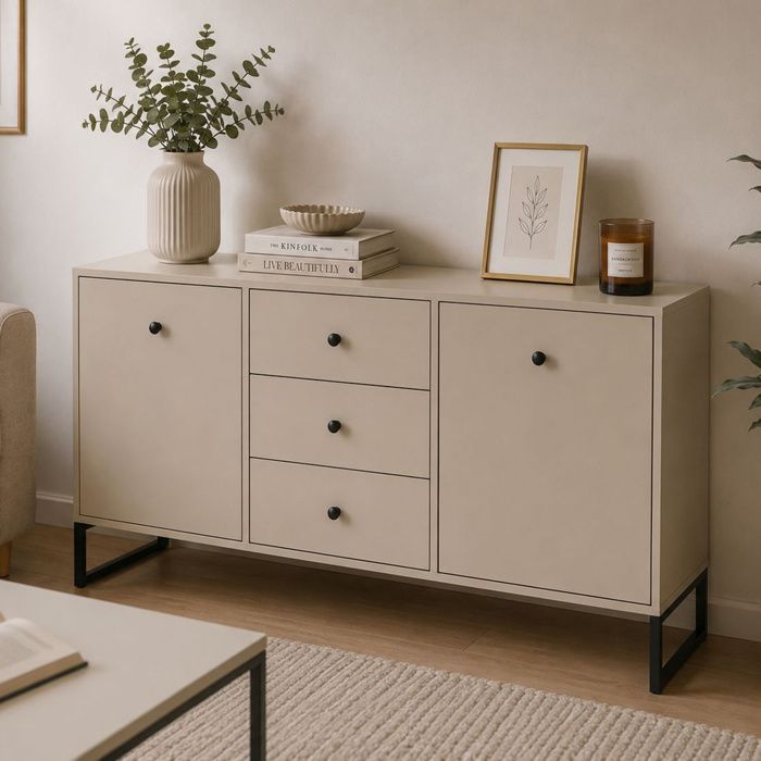 Buffet Lerelova Dmora en Bois Mélaminé Beige Cachemire 115x33x82h cm Buffet Lerelova Dmora en Bois Mélaminé Beige Cachemire 115x33x82h cm